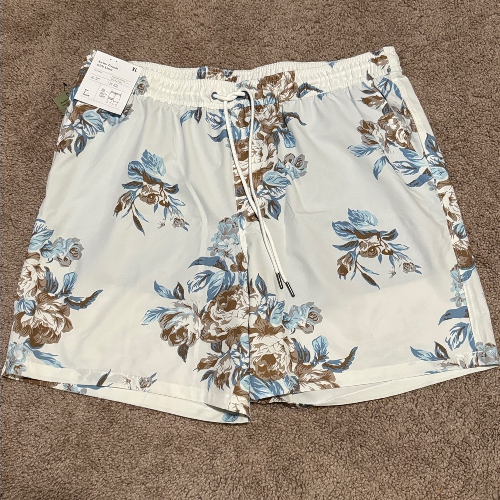 Goodfellow & Co Floral Swim Trunks - Blue and Brown